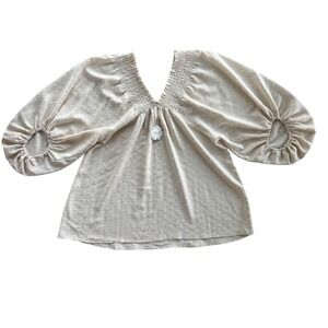 ODDY Womens M Beige Cream Swiss Dot Bishop Sleeve Smocked V Neck Bohemian Blouse